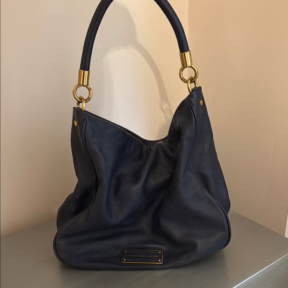 Marc By Marc Jacobs Dark Blue Leather Hobo Bag with Gold Hardware